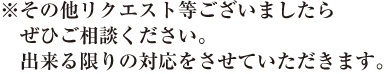 ※その他リクエスト等ございましたらぜひご相談ください。出来る限りの対応をさせていただきます。