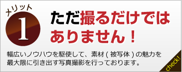 ただ撮るだけではありません！幅広いノウハウを駆使して、素材(被写体)の魅力を最大限に引き出す写真撮影を行っております。 