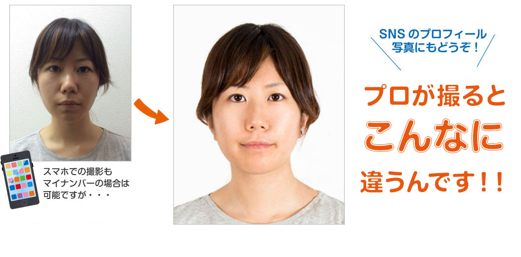 スマホでの撮影もマイナンバーの場合は可能ですが・・・プロが撮るとこんなに違うんです!!SNSのプロフィール写真のもどうぞ!